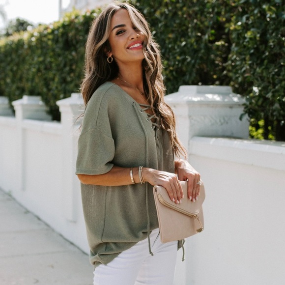 VICI Collection Tundra Lace Up Knit Top - Olive size L - Picture 8 of 16